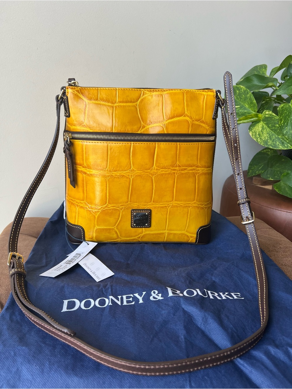 Dooney & Bourke Mustard Yellow Croc-Embossed Leather Crossbody with Brown Strap